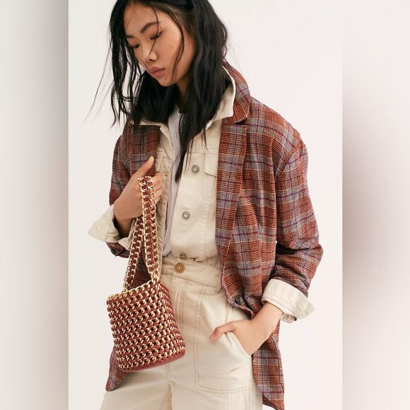 Free People Simply Plaid Blazer in Pomegranite Combo L NWOT - Picture 2 of 13